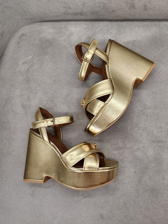 Kurt Geiger Shoes - Kurt Geiger Wedge Sandals 7.5 Gold Leather Kensington Cross Chunky Dress New$245